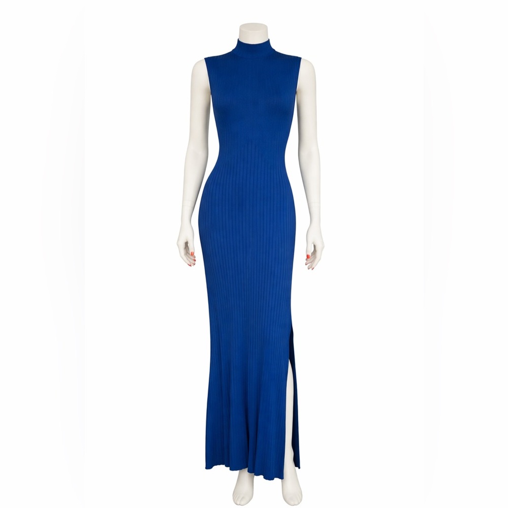 Le Lis Collection Cobalt Blue Ribbed Mock Neck Maxi Dress Slit
